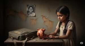 An image depicting the economic collapse after maternal loss, showing a young Indian girl with a broken piggy bank.