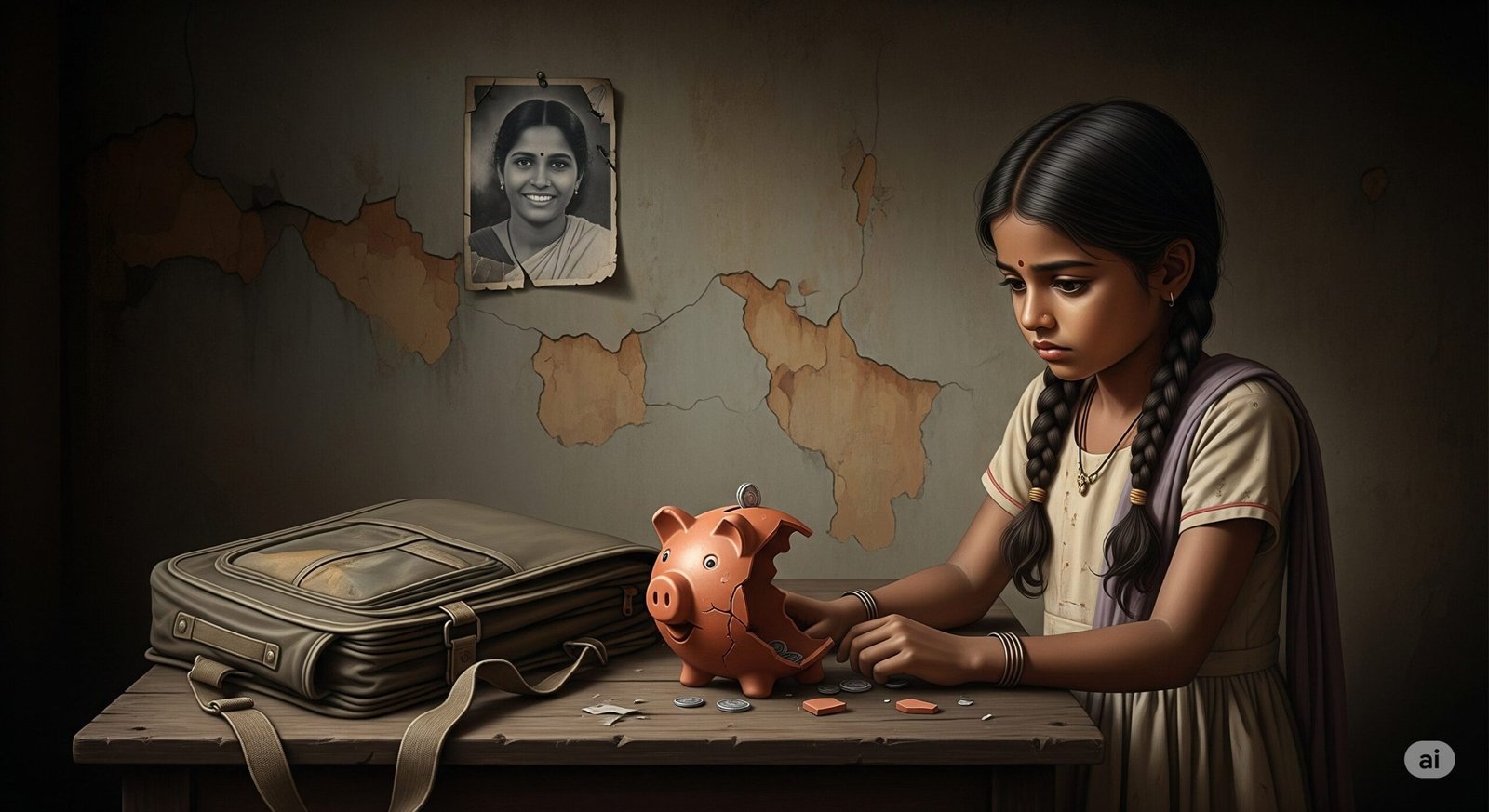 मातृ हानि के बाद आर्थिक पतन को दर्शाती एक छवि, जिसमें एक युवा भारतीय लड़की एक टूटे हुए गुल्लक के साथ है।