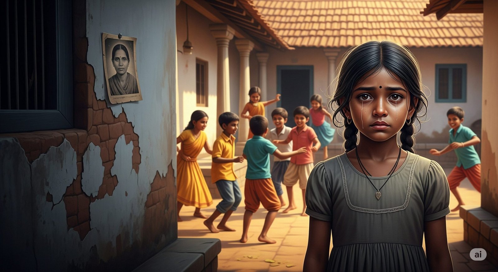 An image depicting the social isolation and stigma faced by a motherless girl, who is shown standing alone while other children play.