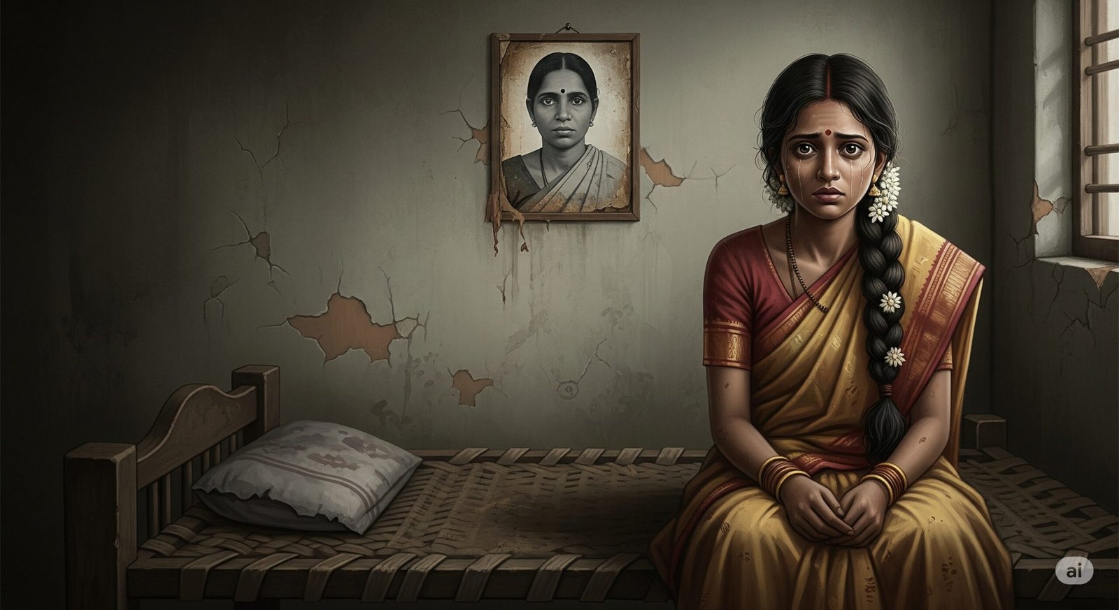 An image depicting the loss of maternal guidance, showing a young Indian bride looking anxious with a photo of her late mother in the background.