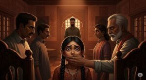 An image depicting familial complicity in uxoricide, with a young girl being silenced by her relatives who protect the perpetrator.