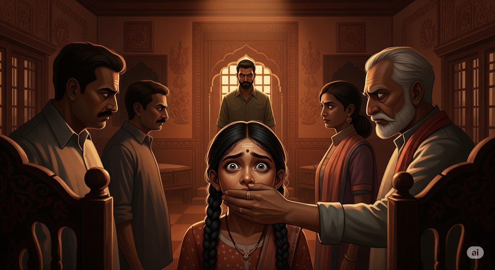 An image depicting familial complicity in uxoricide, with a young girl being silenced by her relatives who protect the perpetrator.