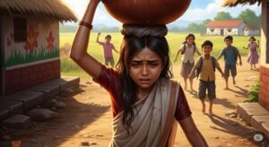 An image showing a young Indian girl carrying a heavy load, symbolizing the burden of premature labor and the physical toll of domestic duties.