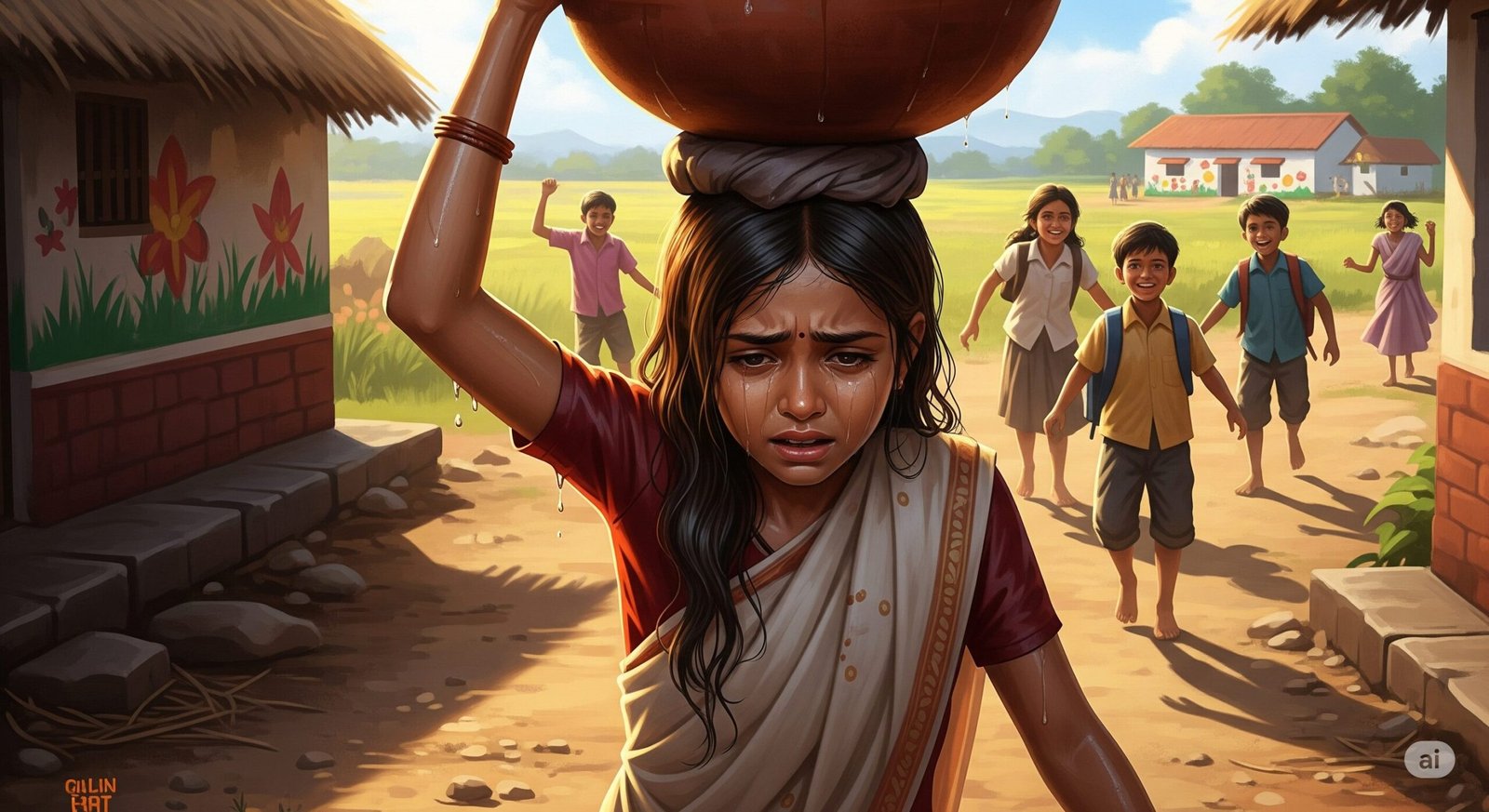 An image showing a young Indian girl carrying a heavy load, symbolizing the burden of premature labor and the physical toll of domestic duties.