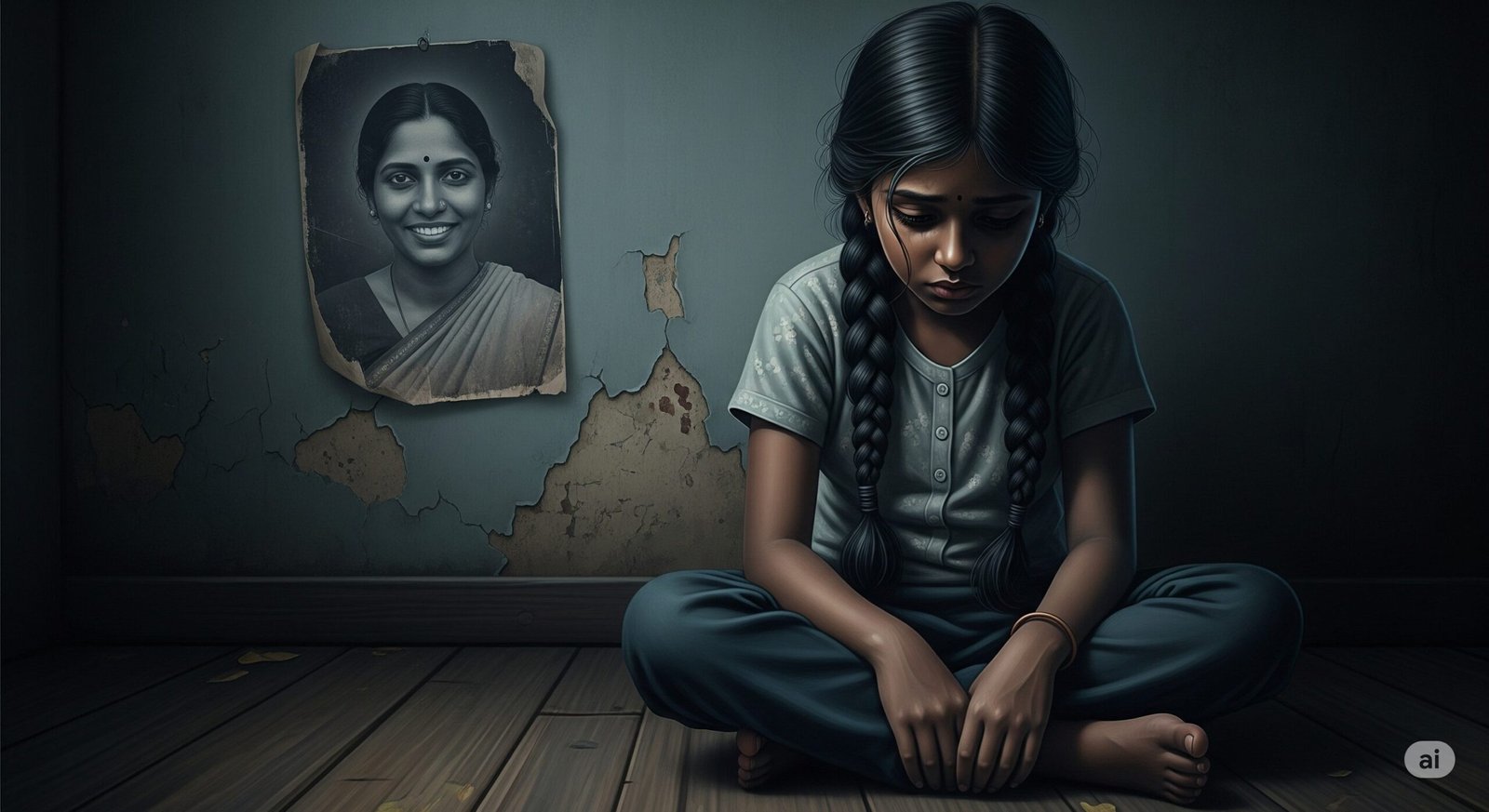 An image representing the clinical fallout of maternal loss, with a sad young girl symbolizing depression and PTSD.