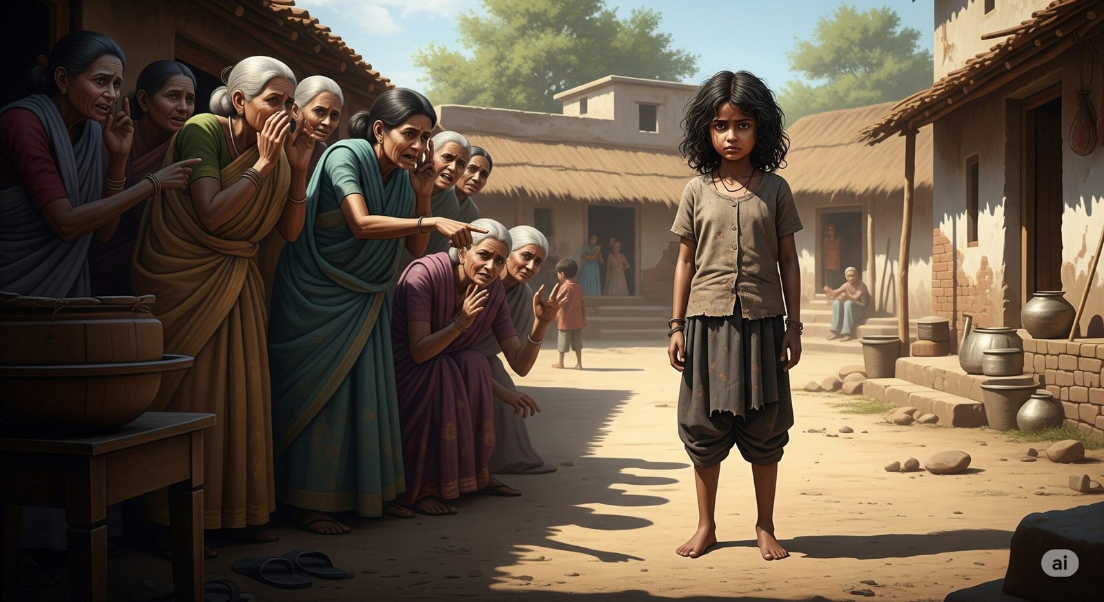 An image depicting the community rejection of motherless girls, showing an isolated girl being judged by villagers.