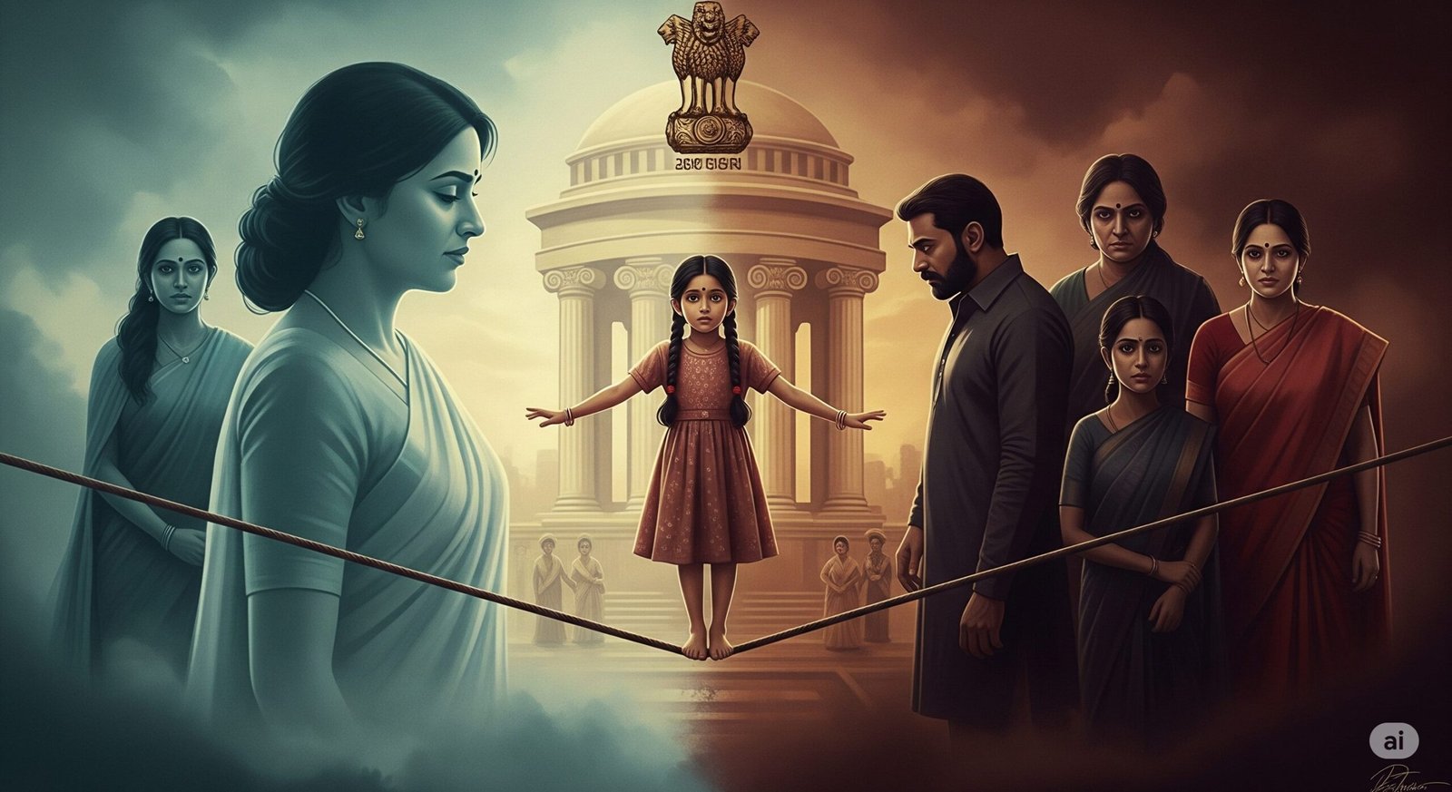 An image representing the daughter's double bind, showing a girl trapped between loyalty to her murdered mother and her abusive father.
