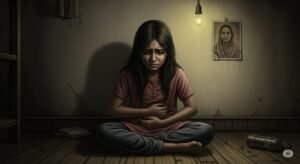 An image showing a young Indian girl in physical pain, symbolizing the embodiment of trauma after losing her mother.