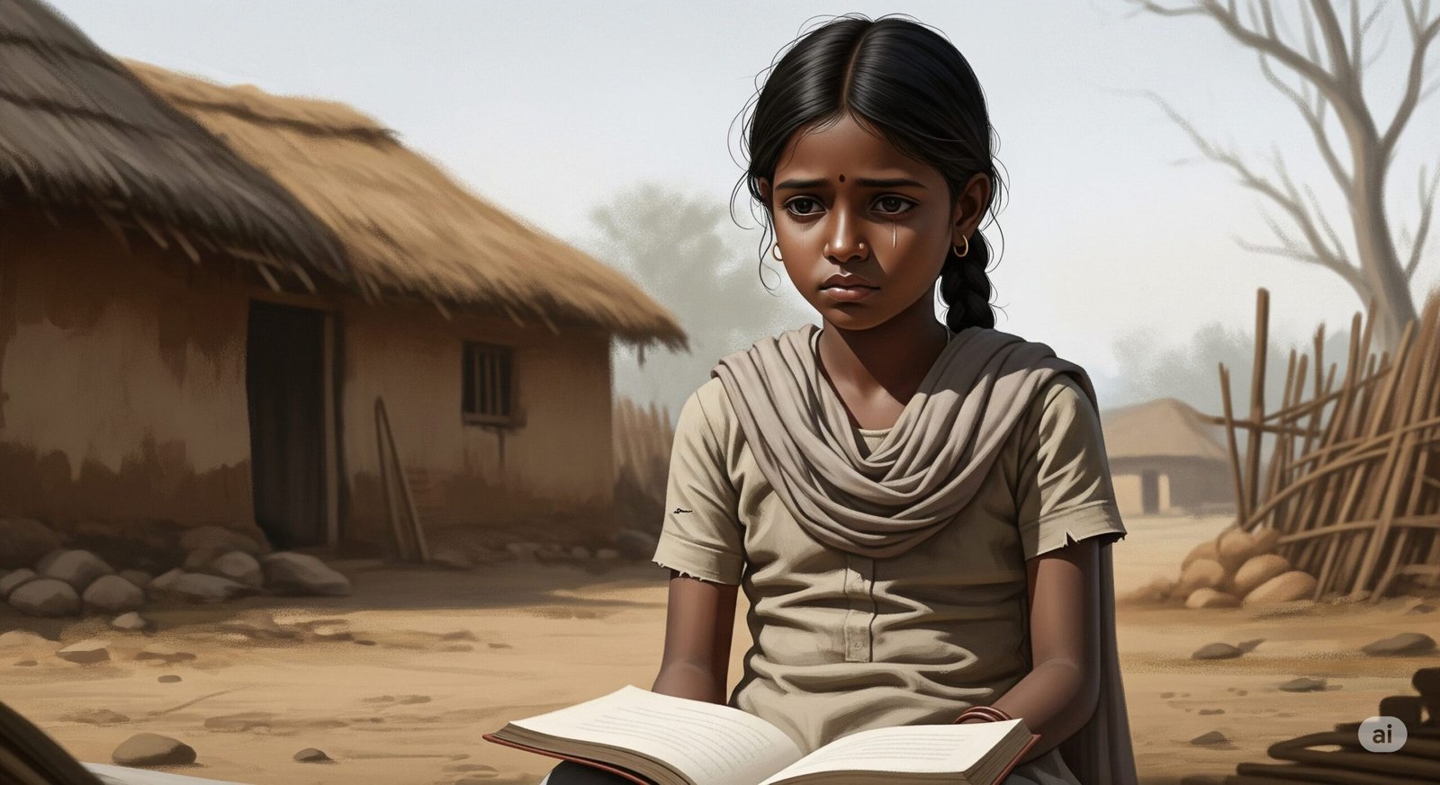 An image showing a young Dalit girl struggling with cognitive development and emotional regulation after losing her mother.