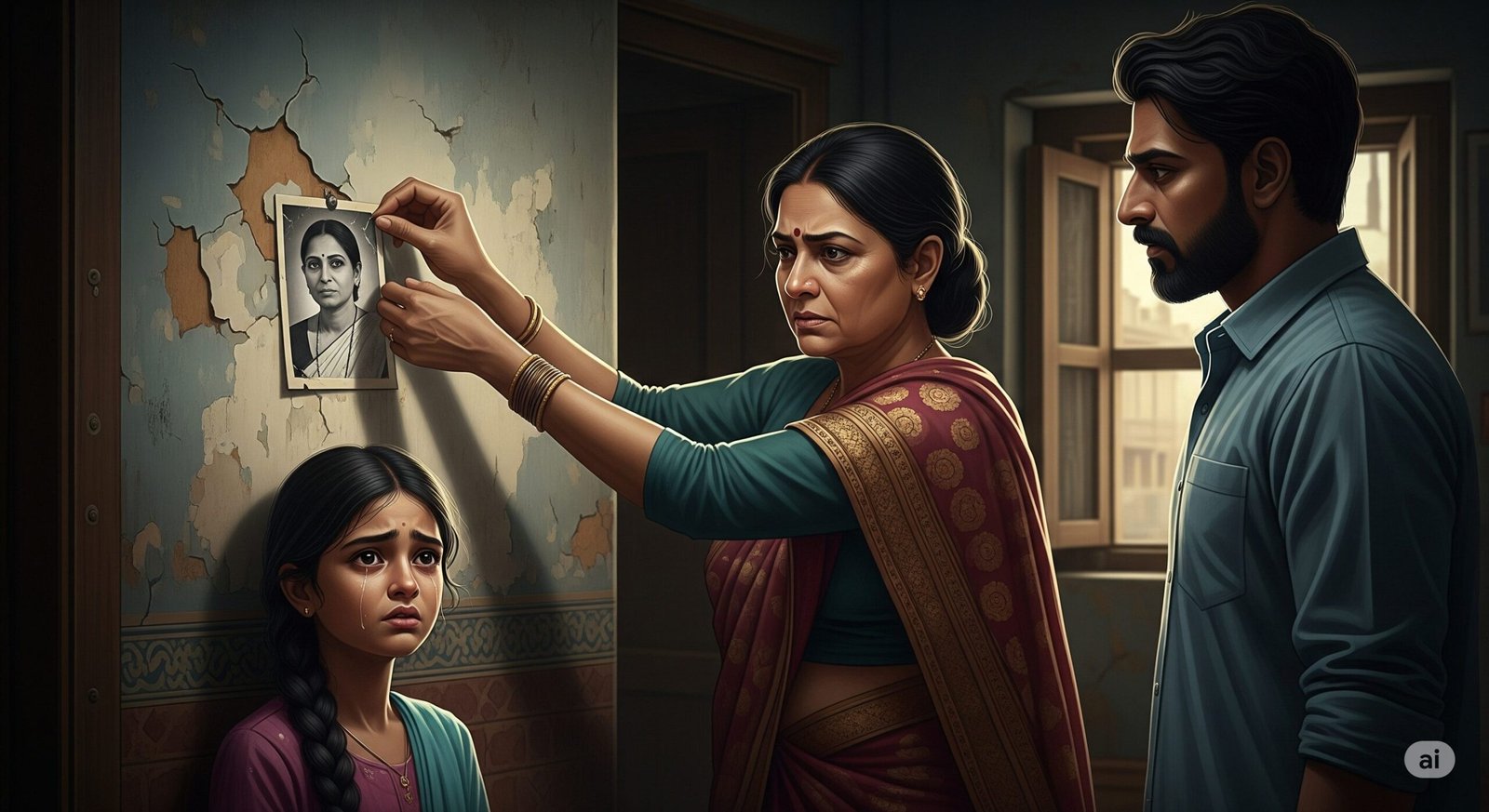 An image depicting the trauma of erasing the mother's memory, showing a stepmother removing a photo of the deceased mother.