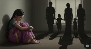 An image depicting a motherless girl internalizing worthlessness due to emotional neglect from her family.