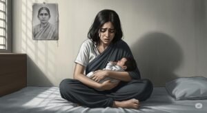 An image showing a young motherless mother holding her baby, looking anxious and alone on her journey into motherhood