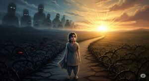 An image symbolizing the long-term mental health journey of a motherless daughter, showing her choice between trauma and resilience.