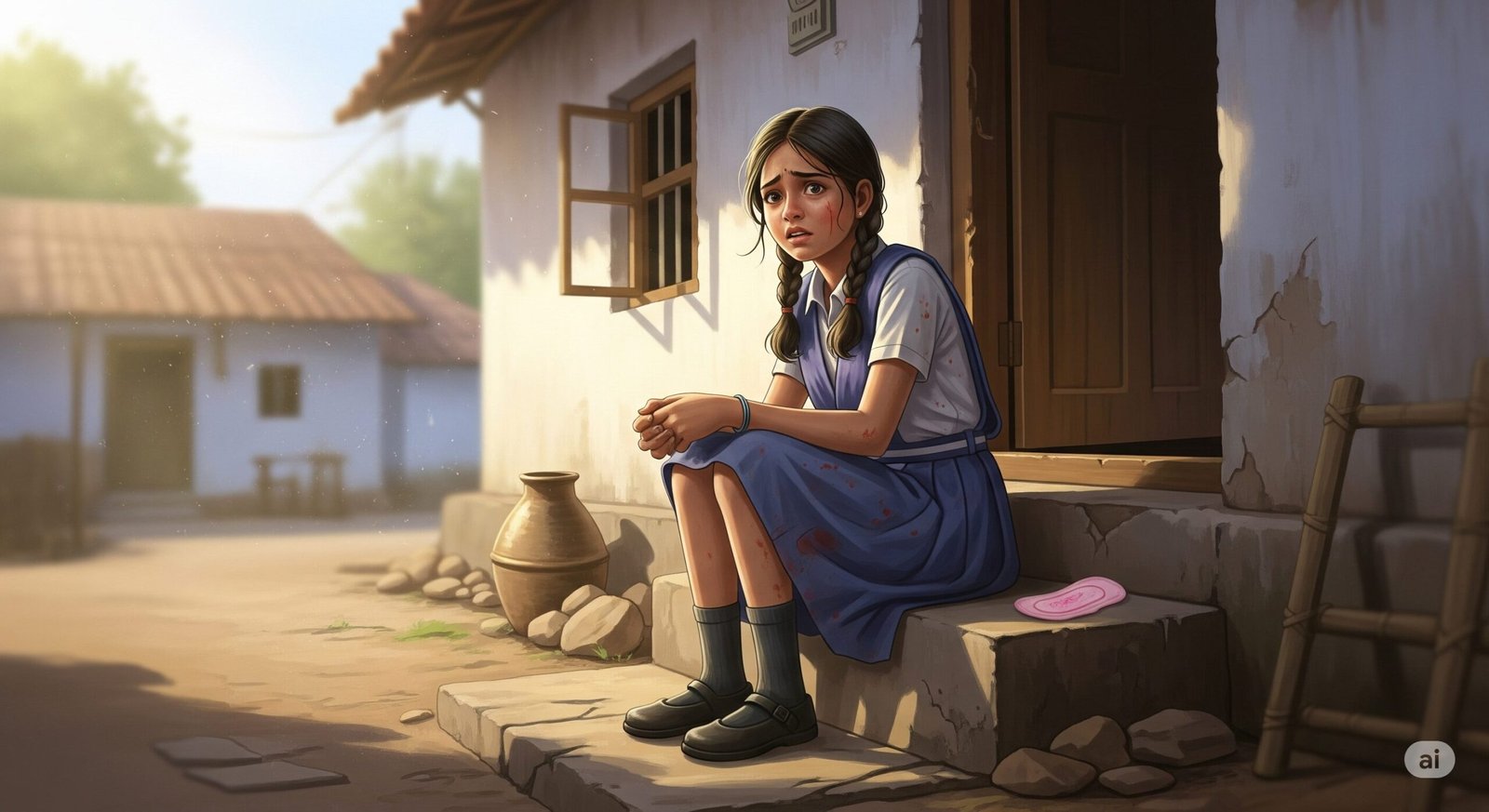 An image showing a young Indian girl looking scared and confused, symbolizing the poor menstrual health of motherless girls.