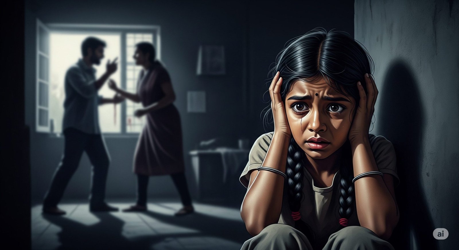 घरेलू हिंसा से PTSD का अनुभव करने वाली एक युवा लड़की को दर्शाती एक छवि, जो आघात के चक्र का प्रतीक है।