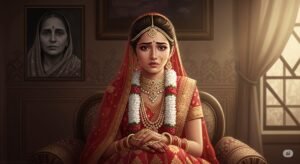 An image showing a young, motherless Indian bride looking anxious, symbolizing the transaction of marriage without a maternal advocate.