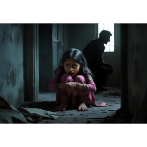An image depicting the unspeakable trauma of uxoricide, showing a terrified child in the aftermath of violence.