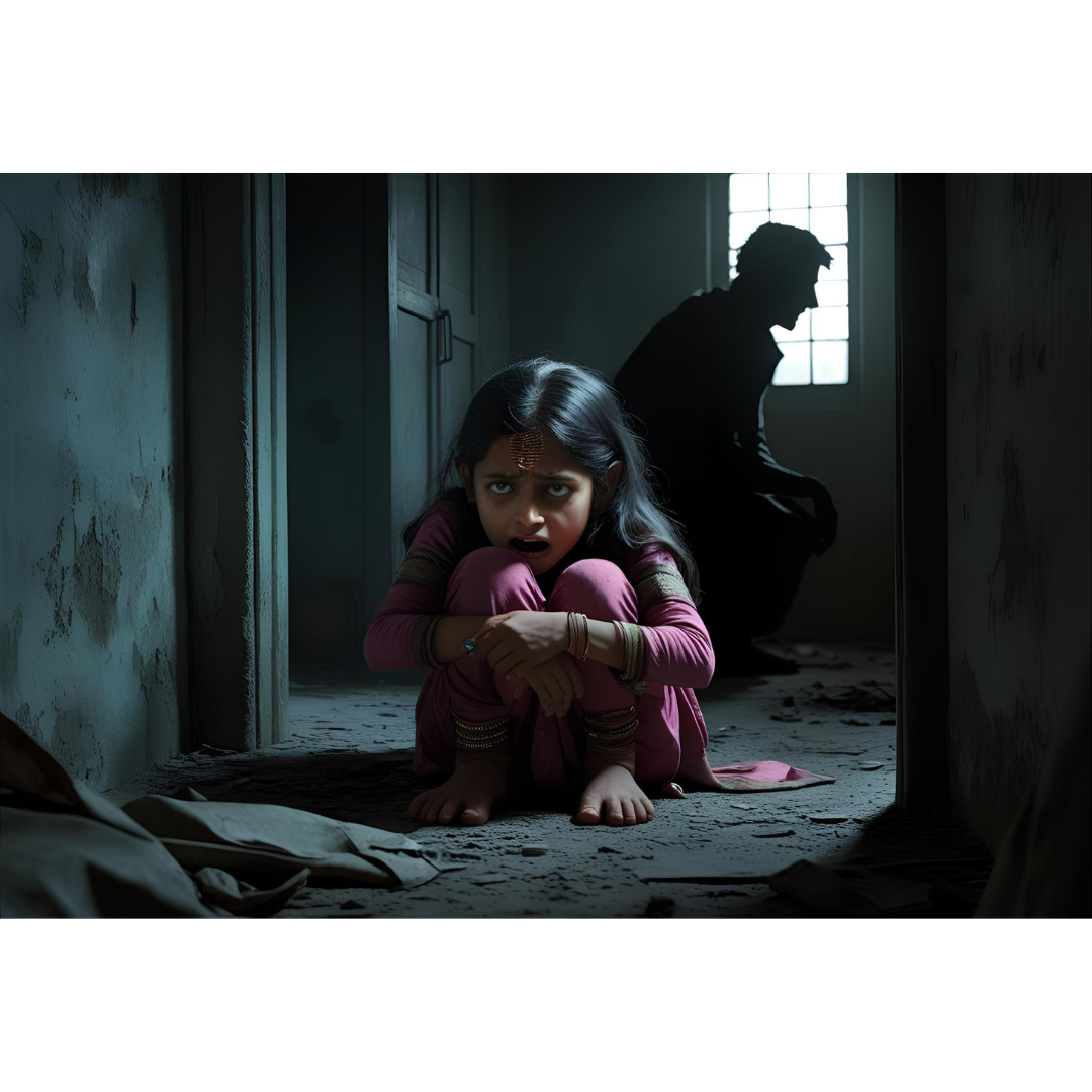 An image depicting the unspeakable trauma of uxoricide, showing a terrified child in the aftermath of violence.